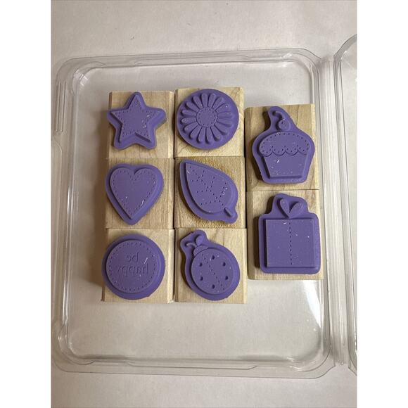 Stampin Up Darling Dots Wood Stamp Set of 8 Cupcake, Present, Heart, Ladybug, - Picture 4 of 4